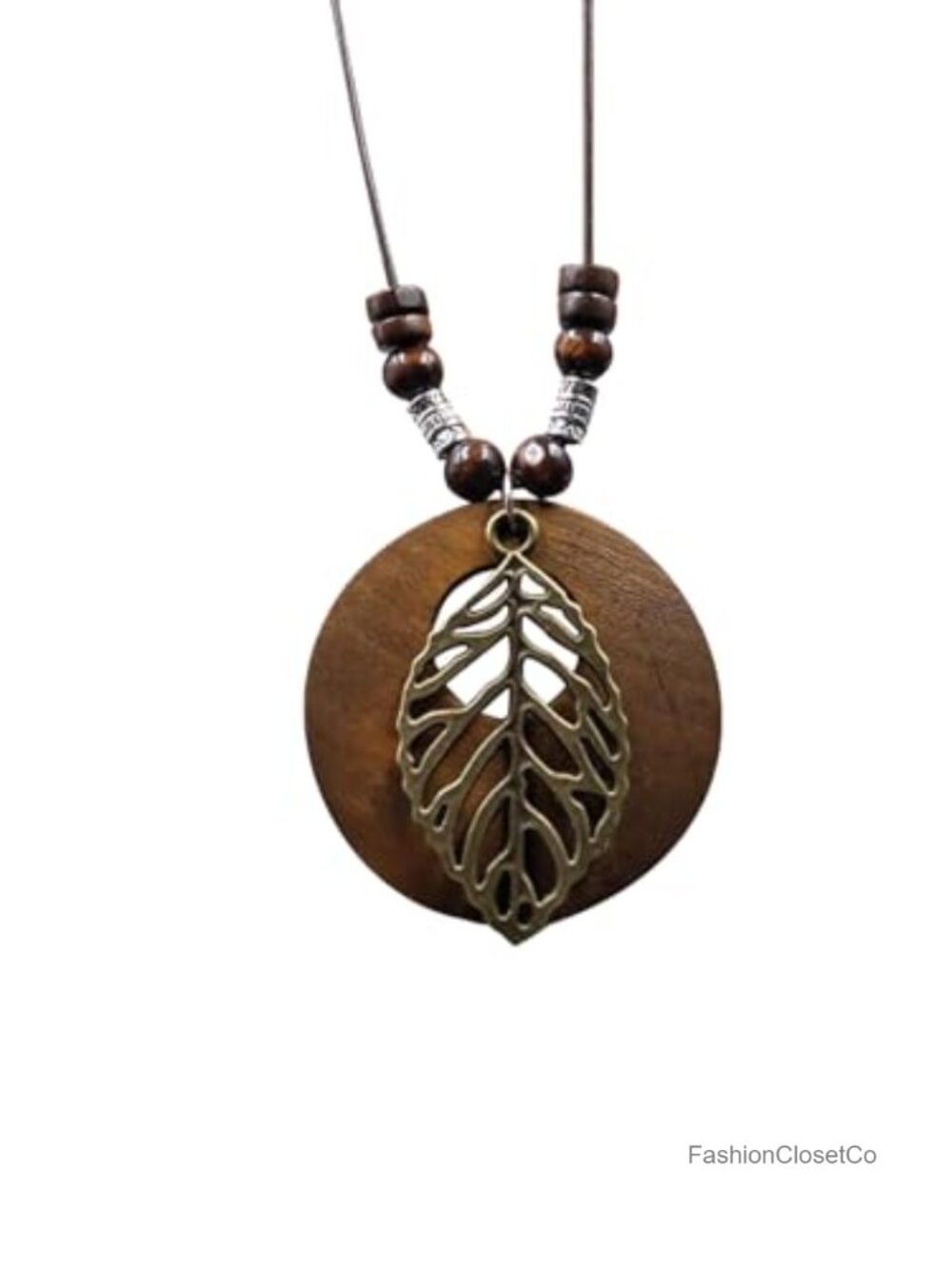 Boho Wooden Pendant Necklace Leather Rope Adjustable Long Women's Jewelry